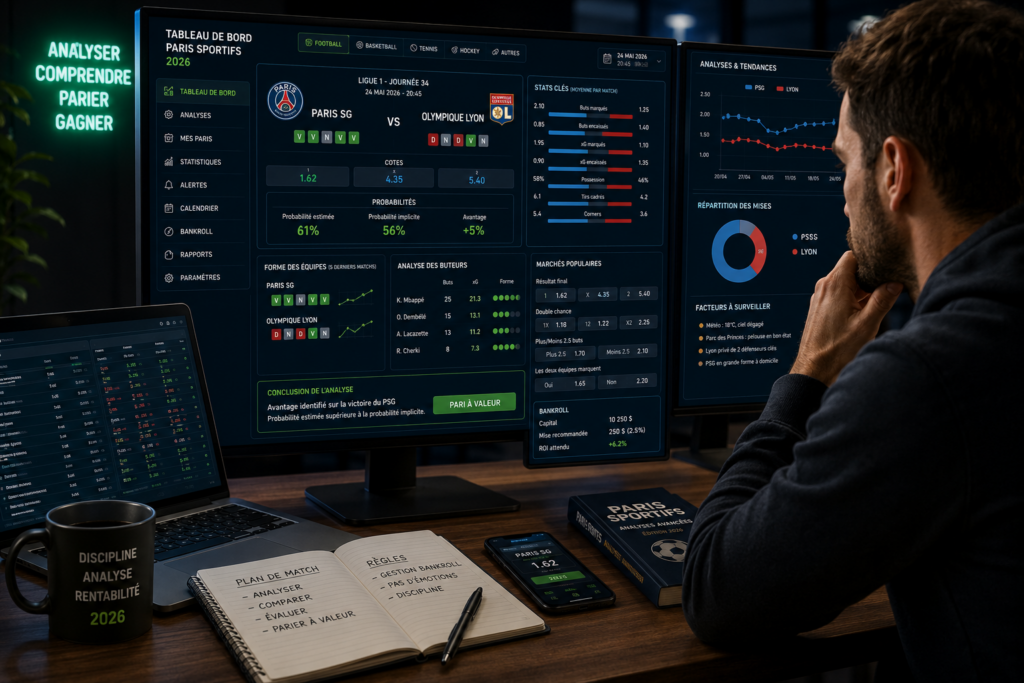parieur méthodique analysant des statistiques de paris sportifs sur écran en 2026