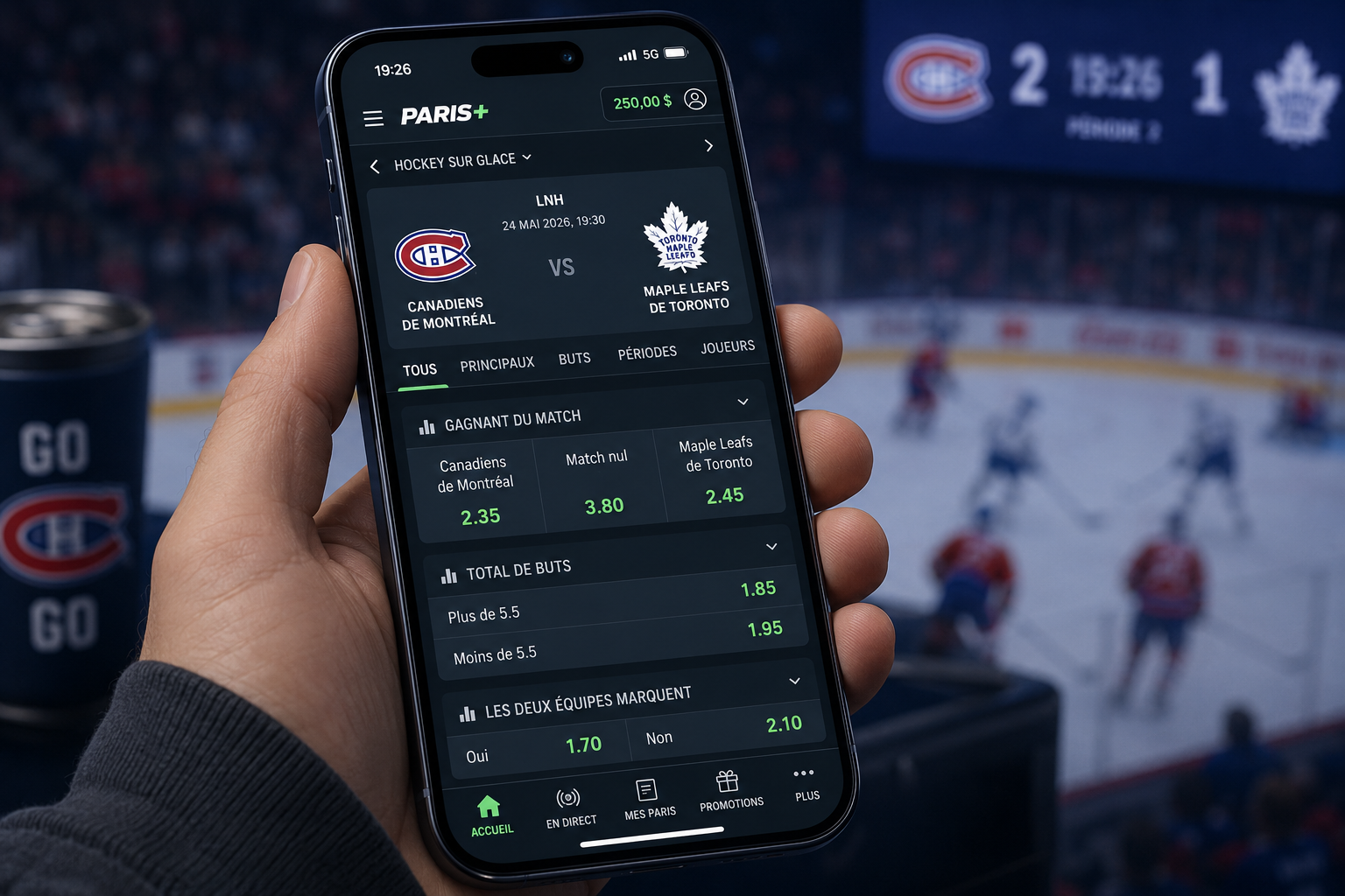 Application de paris sportifs affichant les cotes décimales d'un match de hockey sur un téléphone intelligent en 2026
