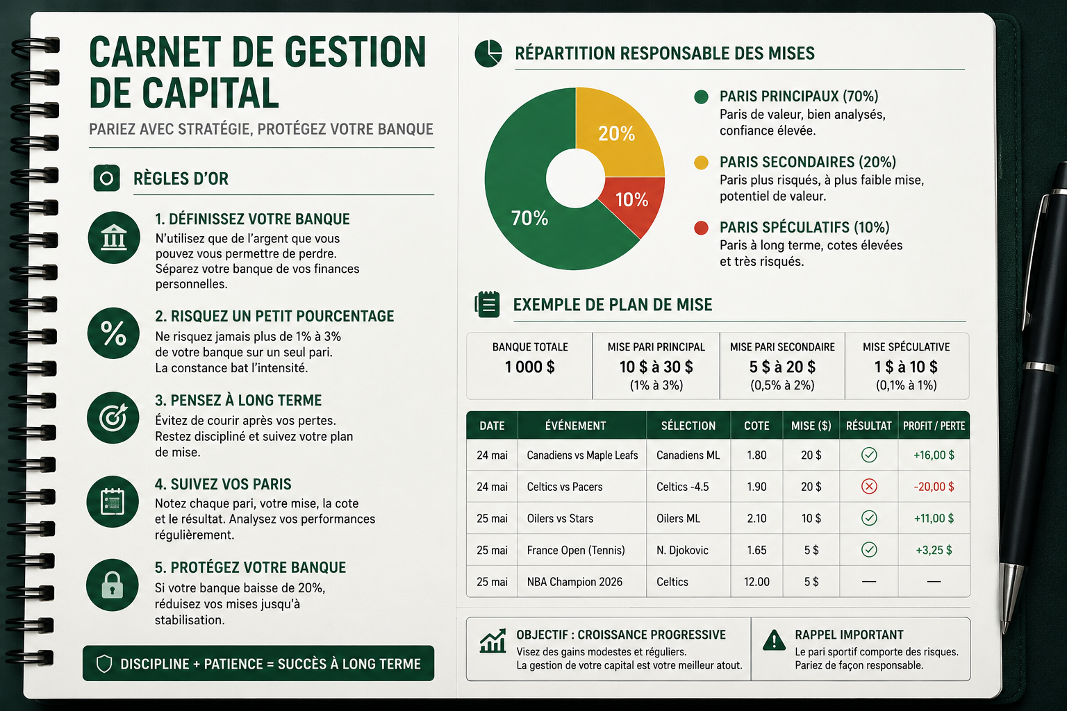 Carnet de gestion de capital illustrant la répartition responsable des mises dans les paris sportifs