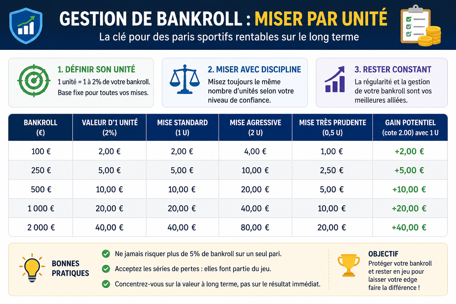 Tableau de gestion de bankroll illustrant la mise par unité pour viser des paris sportifs rentables à long terme