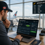 Parieur canadien analysant ses paris sportifs en ligne depuis un aéroport international en 2026 — paris sportifs à l'étranger