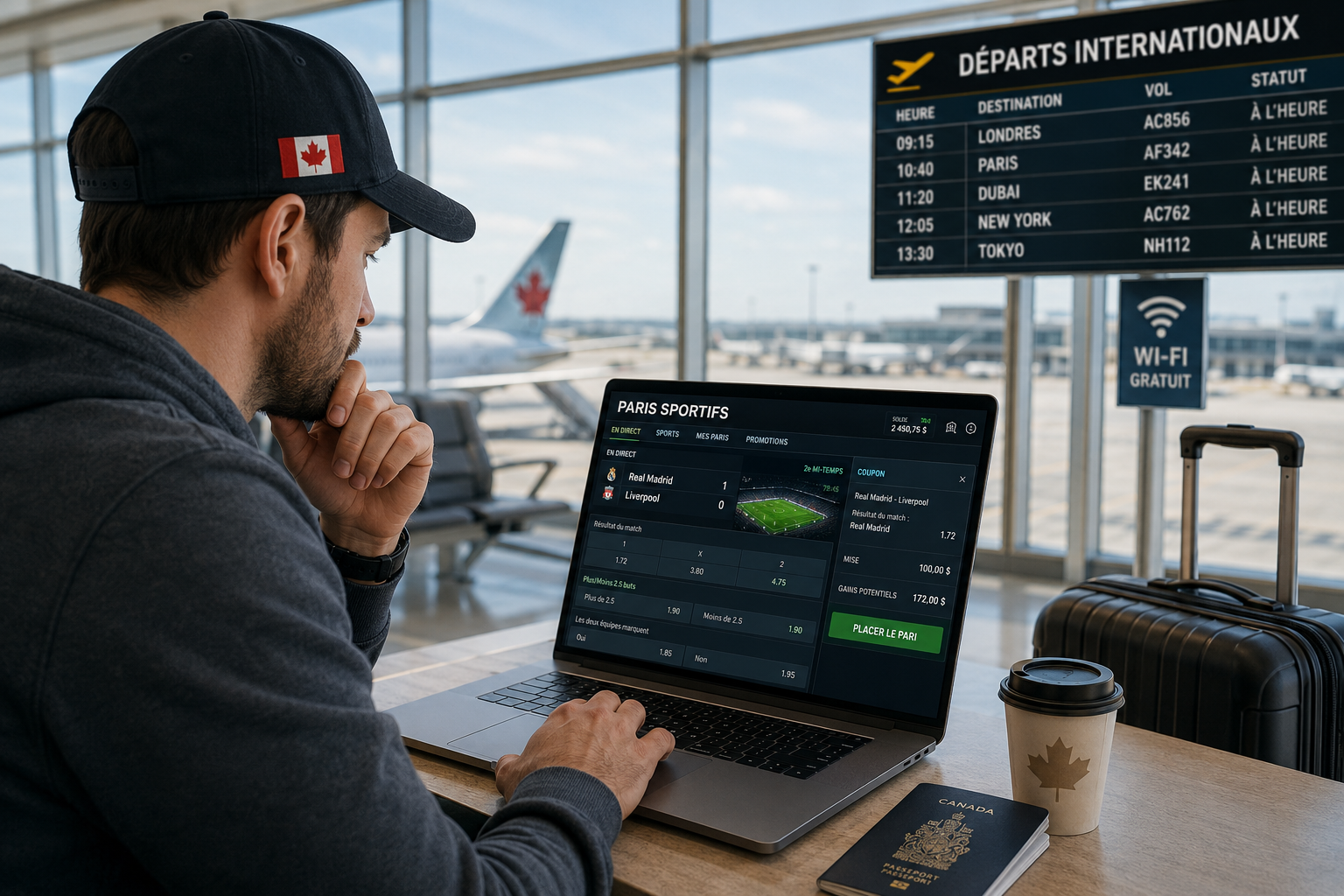 Parieur canadien analysant ses paris sportifs en ligne depuis un aéroport international en 2026 — paris sportifs à l'étranger