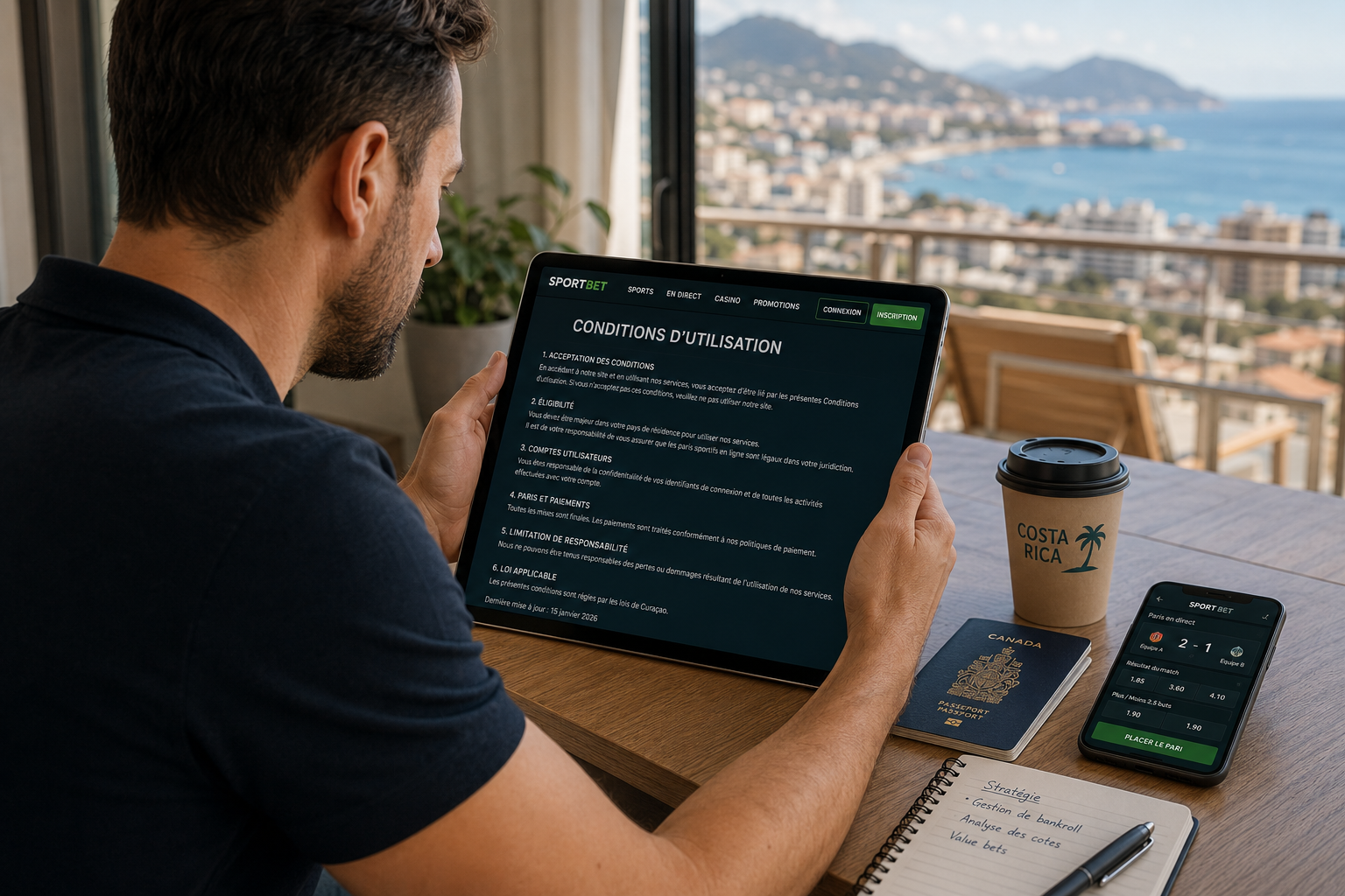 Parieur professionnel vérifiant les conditions d'utilisation d'une plateforme de paris sportifs sur tablette avant de miser depuis l'étranger