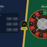 Comparaison entre paris sportifs et jeux de casino en 2026 montrant des cotes sportives d'un côté et une roulette de l'autre